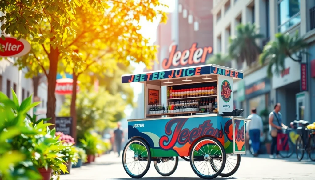 Attractive jeeter juice cart with colorful vape products captured in a vibrant urban setting.
