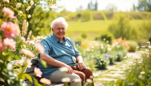 Engaged elderly couple in a peaceful garden, symbolizing vibrant living as conveyed by https://frontidas.com.