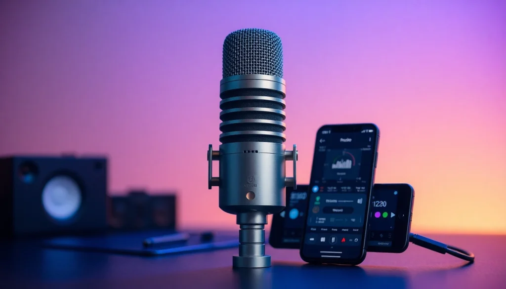 High-quality MV88 microphone showcased with iPhone, emphasizing modern audio recording technology.