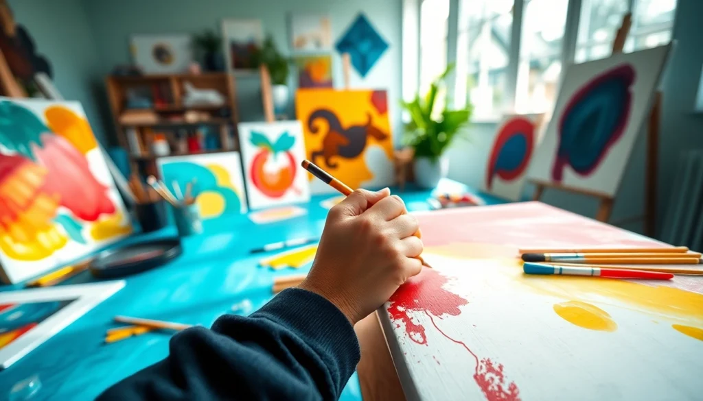 Gambar karya seni dari carijp yang berwarna-warni dan penuh semangat di ruang kerja.