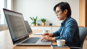 Using 搜狗拼音输入法, a user types attentively on a laptop in a modern office.