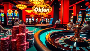 Experience Okfun at a vibrant casino with thrilling poker action and shining slot machines.