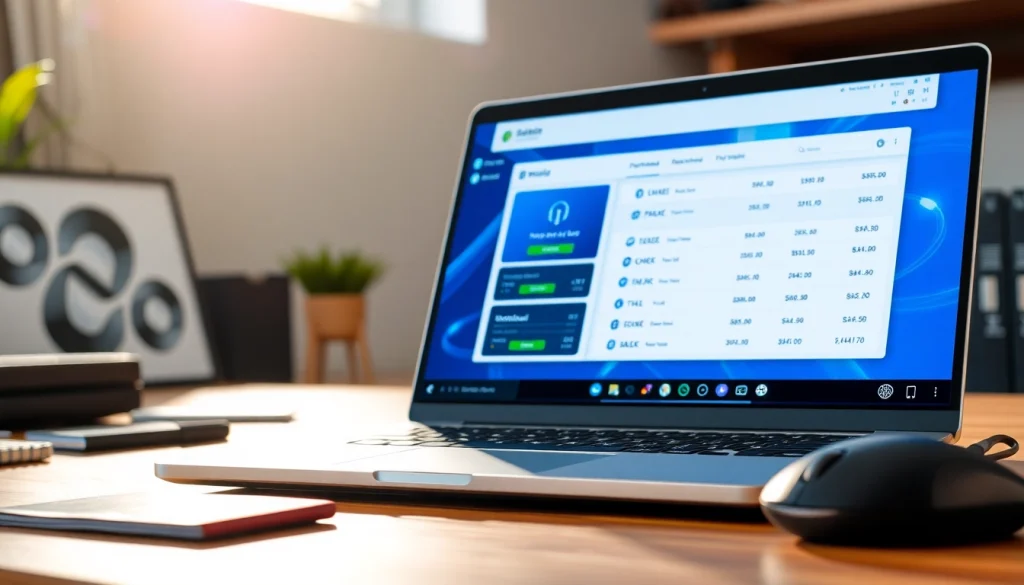 Download 雷电下载 software using a sleek laptop interface in a bright, modern workspace.