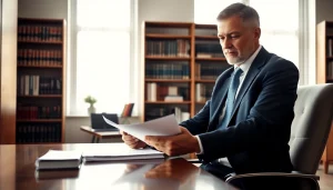 Reviewing case files by a personal injury lawyer at https://www.shiverhamilton.com in a modern office setting.