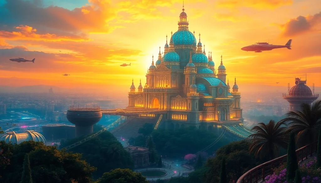 Visualize the enchanting 79king palace in a vibrant fantasy city, showcasing rich architectural details.