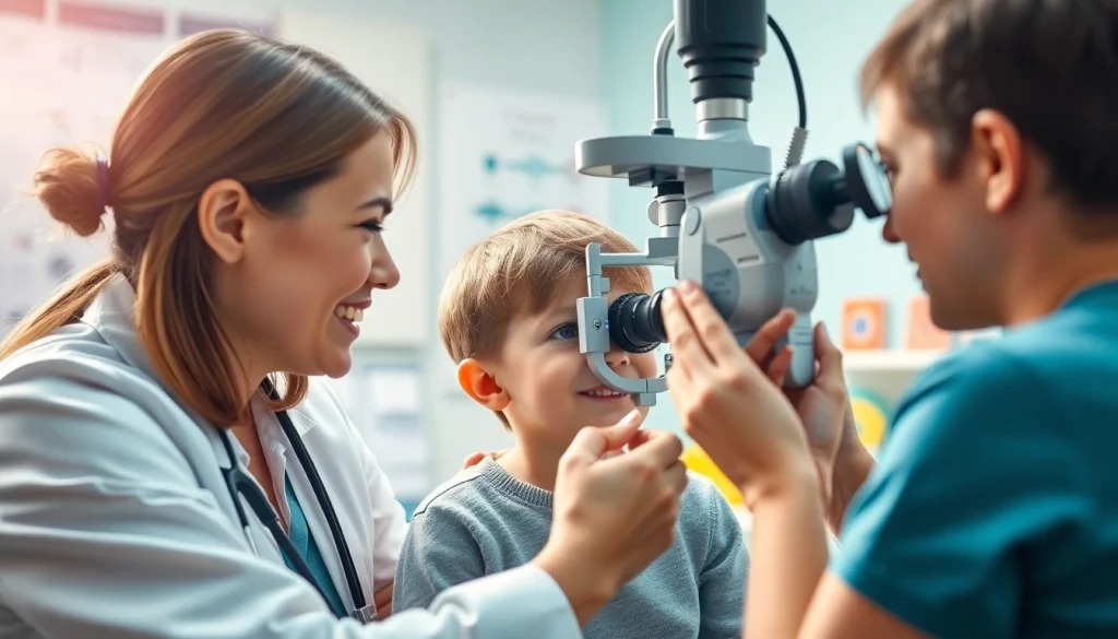 Illustration of Our Children's Vision during a pediatric eye examination showcasing caring interactions and advanced technology.