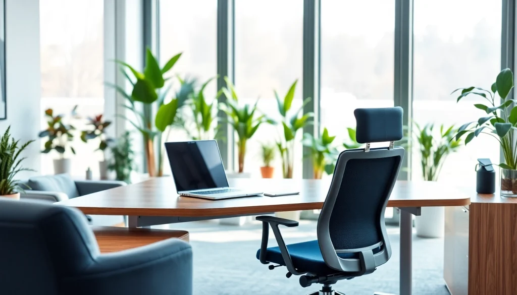 Showcase of office furniture in a modern workspace featuring a sleek desk and ergonomic chair.