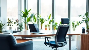 Showcase of office furniture in a modern workspace featuring a sleek desk and ergonomic chair.