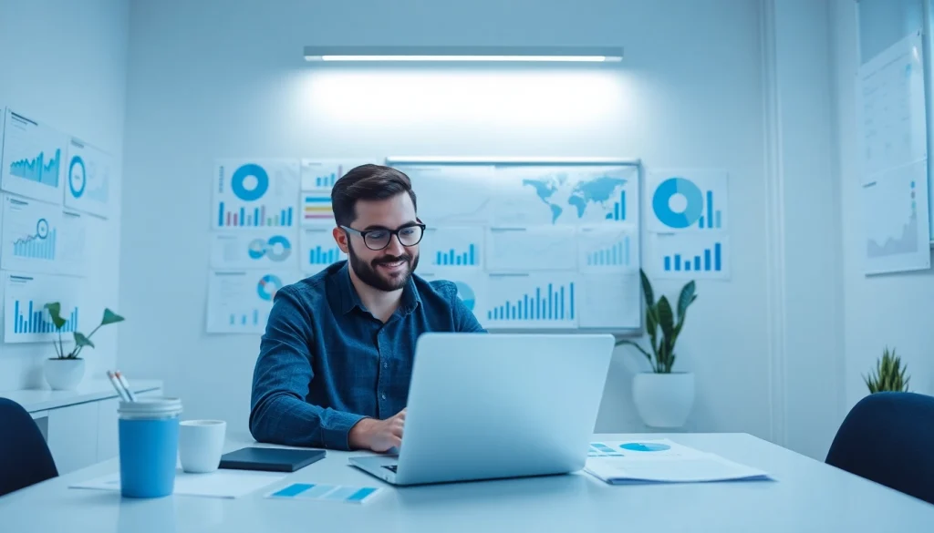 Best Digital Marketing Strategist in Wayanad analyzing data on a laptop, surrounded by creative charts.