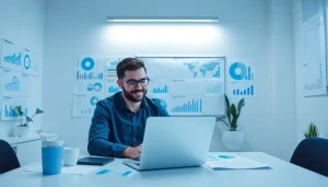 Best Digital Marketing Strategist in Wayanad analyzing data on a laptop, surrounded by creative charts.