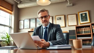 Portland personal injury attorney Tim Grabe focused on a case at https://www.timgrabeattorney.com in a professional office.