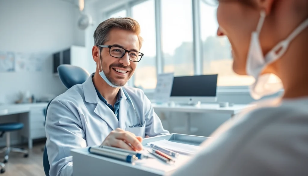 Dentist providing a consultation in a modern clinic, showcasing a professional demeanor and care.