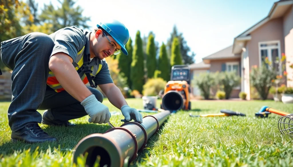 Skilled technician performing sewer repair raleigh in a residential backyard setting.