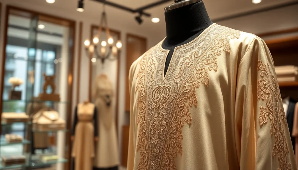 Discover exquisite thobes featuring intricate designs and high-quality craftsmanship in a boutique setting.
