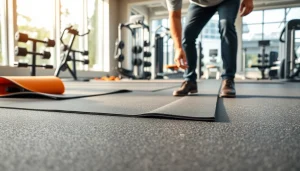 Installer de dalle caoutchouc dans une salle de sport moderne, mettant en avant la qualité du produit.