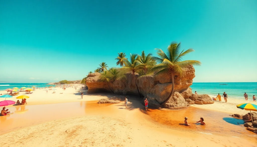 Cena vibrante da praia de Paripueira, com areias douradas e águas claras, convidando as famílias a desfrutar.