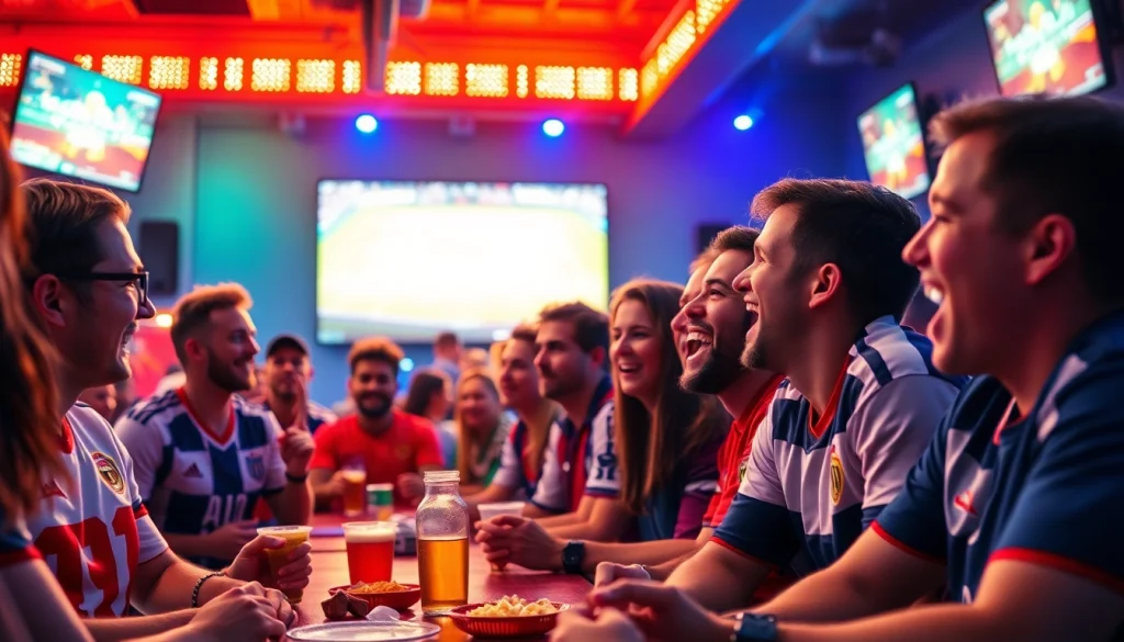 스포츠중계 즐기며 열정적인 팬들이 응원하는 모습