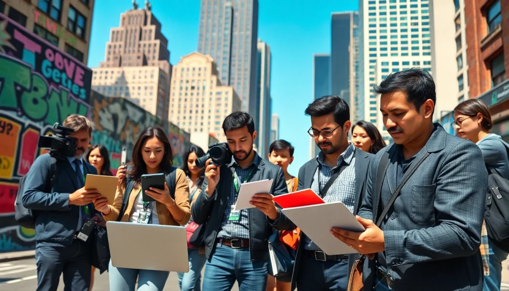 Capture of journalists from thephoenixnewspaper engaging with the community in an urban environment.