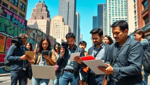 Capture of journalists from thephoenixnewspaper engaging with the community in an urban environment.
