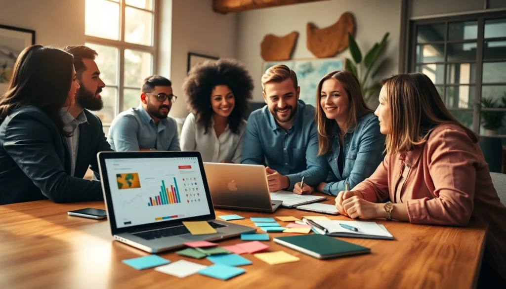 Engaged team strategizing Good Wolf Marketing solutions in a collaborative office.