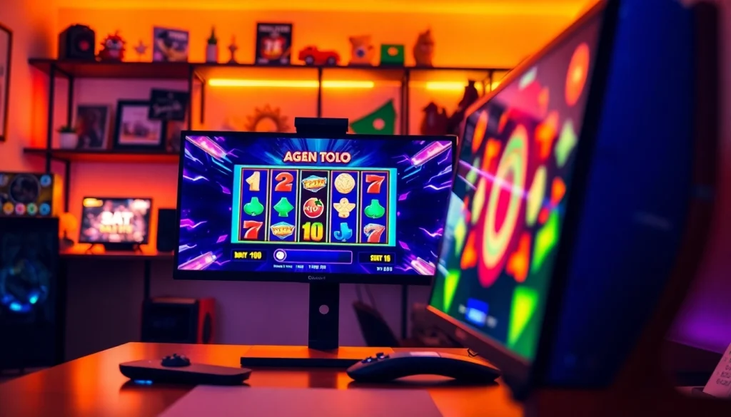 Menampilkan agen toto slot dengan visual menarik di layar komputer dalam suasana bermain yang energik.