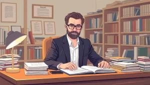 Un traducteur assermenté examinant des documents avec précision, montrant son sérieux.