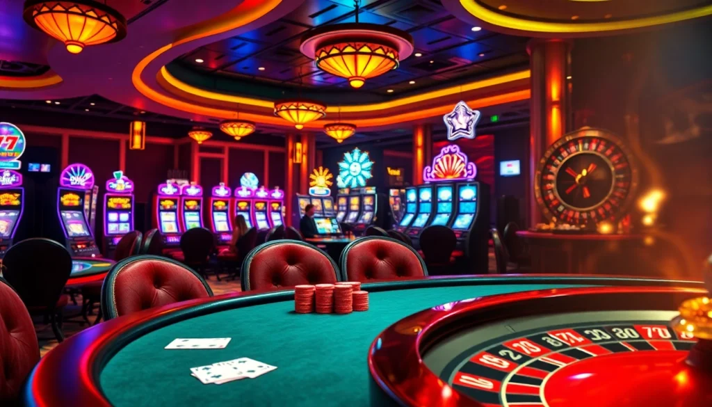 79king casino scene featuring vibrant slot machines and players at a poker table.
