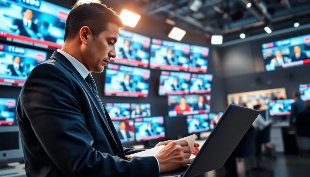 Capture from suntimesnews.com featuring a journalist in action within a vibrant newsroom setting.