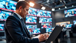 Capture from suntimesnews.com featuring a journalist in action within a vibrant newsroom setting.