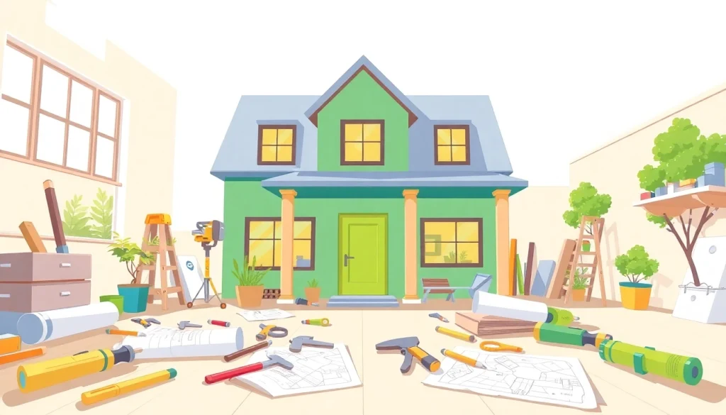 Flipping a property with advanced tools and blueprints displayed on a table.