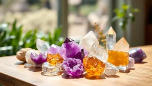 Admire the best crystals beautifully arranged on a wooden table under natural light.