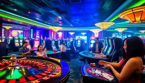 KJC AC 1: Exciting casino atmosphere showcasing players at tables, vibrant slot machines, and roulette wheels