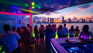 Boat party miami guests enjoying music and unlimited drinks on a lively boat.
