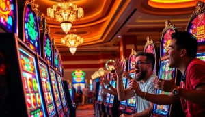 Menangkan permainan pakde4d slot di kasino yang ramai dengan efek visual berwarna-warni.