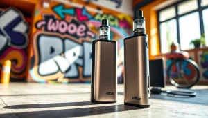 Elfbar Vape-Gerät in einer stilvollen urbanen Umgebung mit lebendigen Farben und modernen Designelementen.
