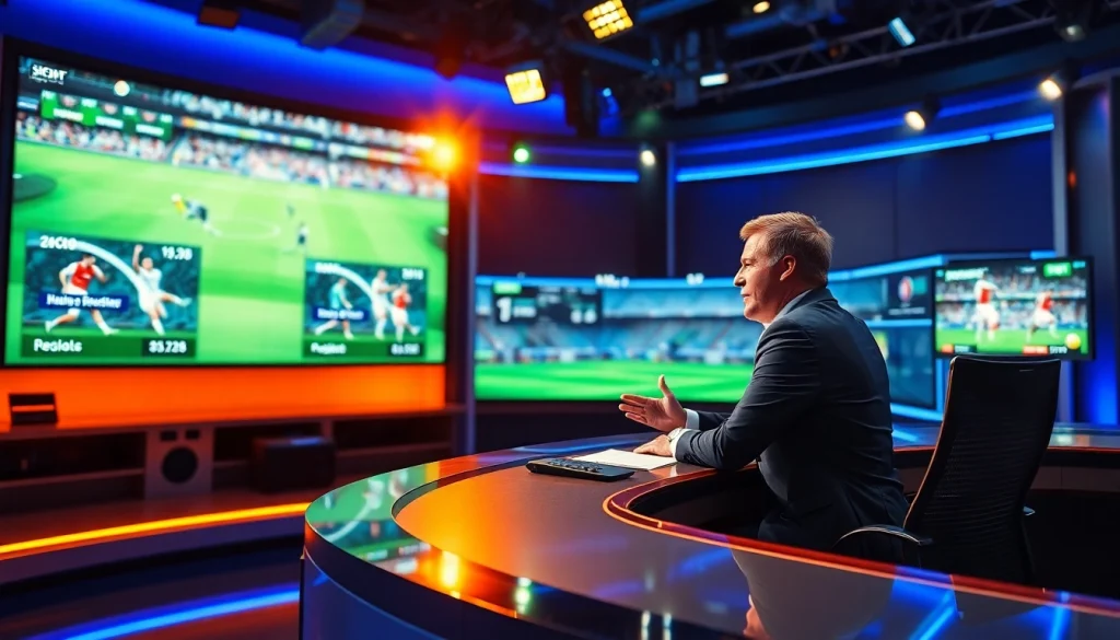 Keen sports analyst discussing Koora live updates in a dynamic studio.