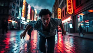 Protagonist racing through a rain-soaked city in a fast-paced thriller chase.