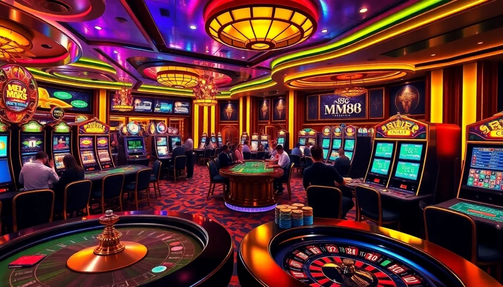 MM88 casino vibrant atmosphere with excited players at gambling tables.
