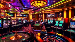 MM88 casino vibrant atmosphere with excited players at gambling tables.
