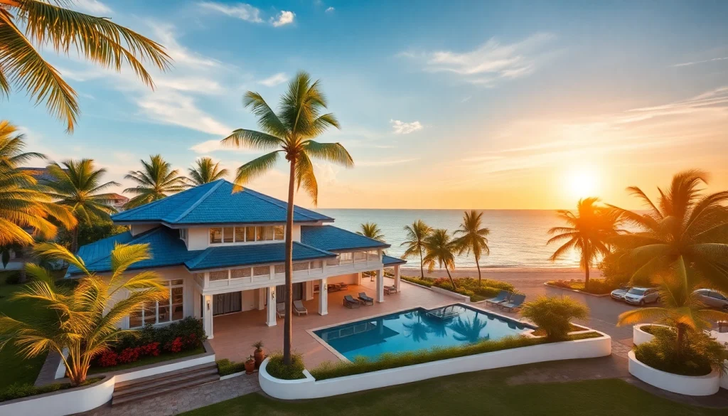 View luxurious Pattaya property as a beachfront villa under vibrant sunset lighting.