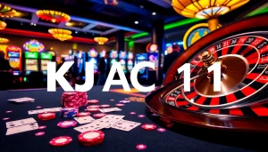 A thrilling casino scene with cards, roulette, and the excitement of KJC AC 1 gambling experience.