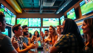 Excited group engaging in sports betting in Brazil at a lively sports bar setting.