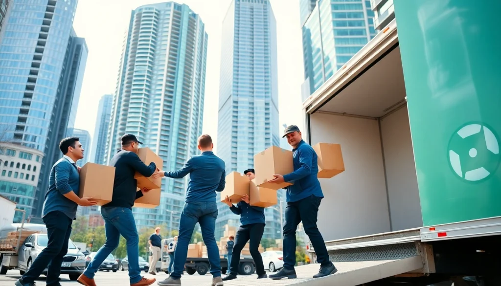Toronto moving company team efficiently loading boxes into a truck in a vibrant urban setting.