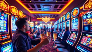 Menyaksikan keseruan kasinojitu resmi dengan pemain bersorak merayakan kemenangan dan mesin slot.