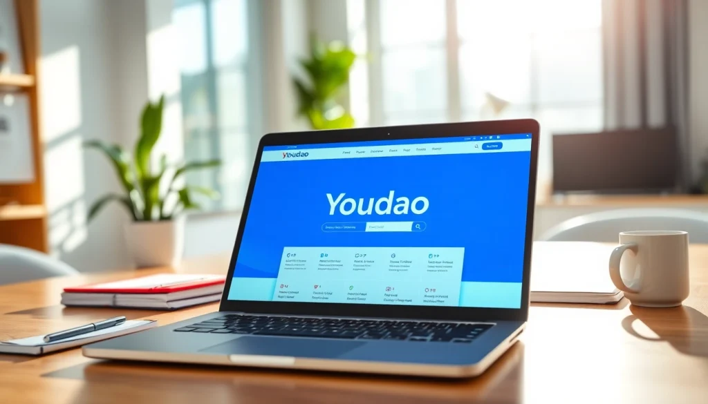 Leverage Youdao for seamless language translation in a modern workspace with technology and growth elements.