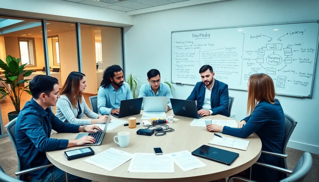 Team discussing marketing strategies for https://solarxmedia.com in a modern office environment.