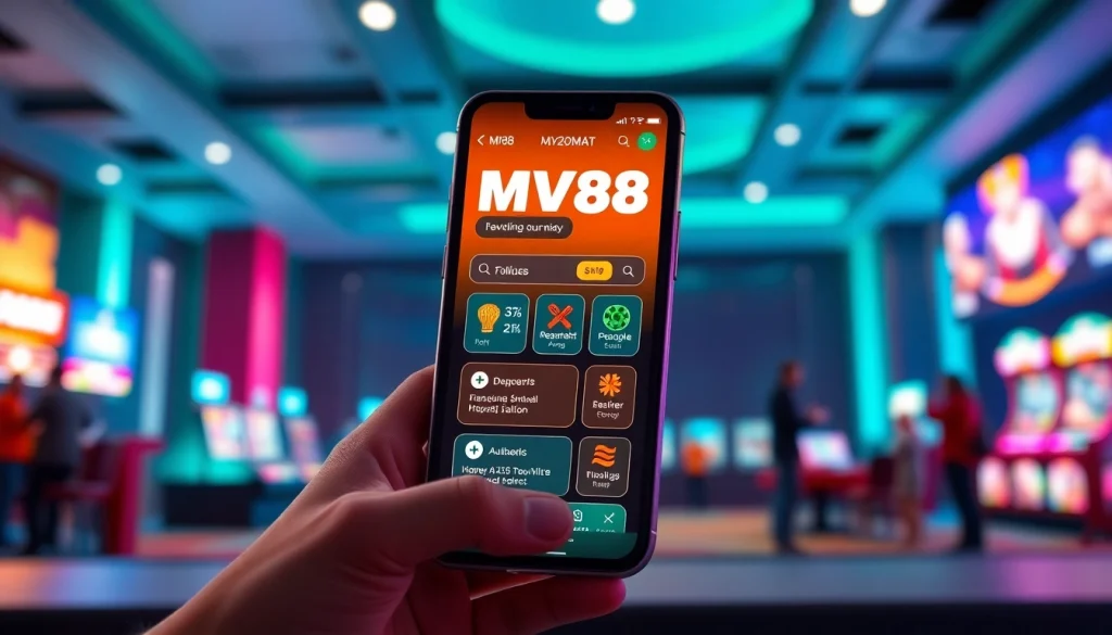 MV88 app interface displayed on smartphone, showcasing user-friendly features for safe gambling.