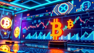 Wizualizacja handlu Bitcoina z sieciami blockchain i cyfrowymi portfelami, z dynamiczną analizą kryptowalut.