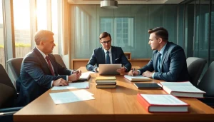 Engaged attorneys at https://www.turnpikelaw.com discussing business strategy in a bright office.