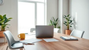 Ontdek de aantrekkelijke werkruimte van https://www.stofnodig.nl met moderne inrichting en natuurlijke elementen.